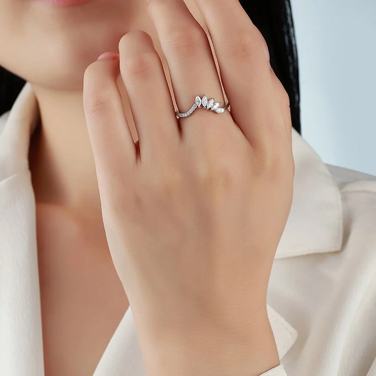 R55097 Silver 18K White Gold Marquise Moissanite Anniversary Ring 0.59ct