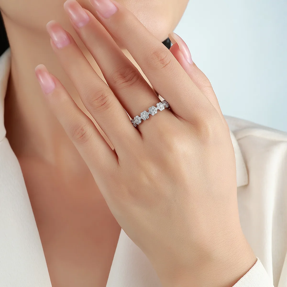 R55103 Silver 18K White Gold Full Pavé Round Moissanite Engagement Ring 1.54ct