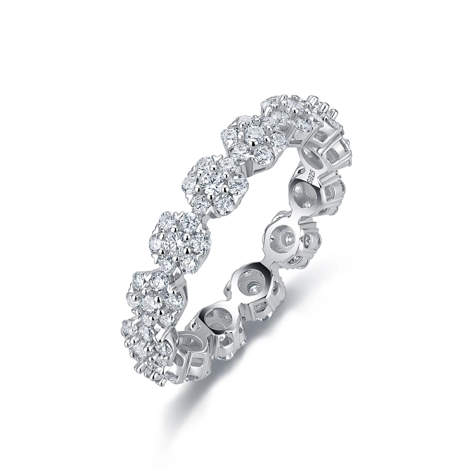 R55103 Silver 18K White Gold Full Pavé Round Moissanite Engagement Ring 1.54ct