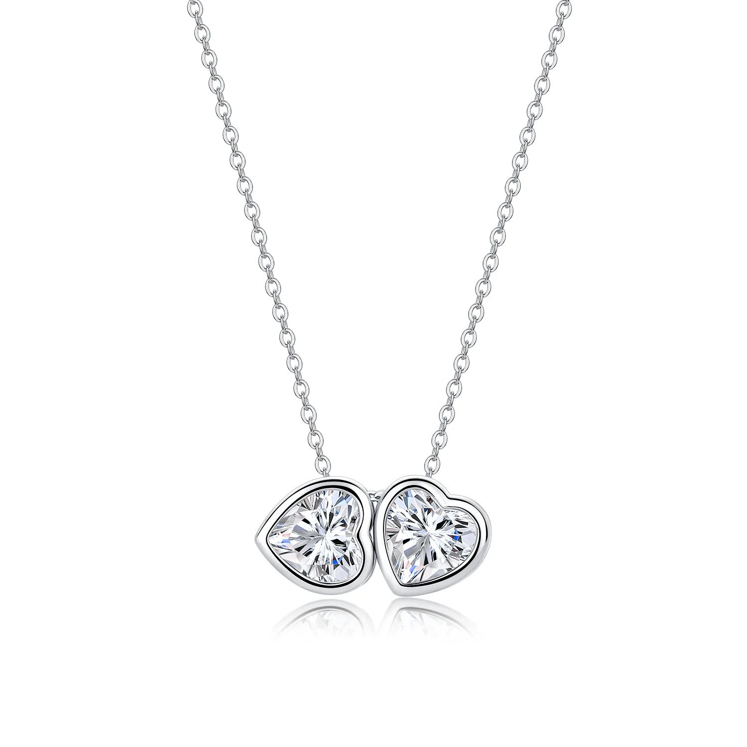 N55100 Silver 18K White Gold Moissanite Sweet Double Heart Necklace 4.0ct