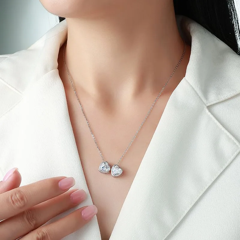 N55100 Silver 18K White Gold Moissanite Sweet Double Heart Necklace 4.0ct