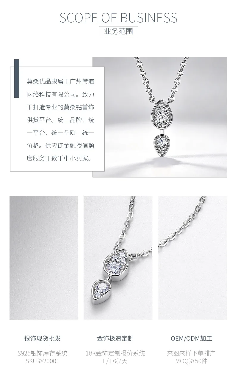 N55123 Silver 18K White Gold Moissanite Teardrop Full Diamond Necklace 0.2ct det