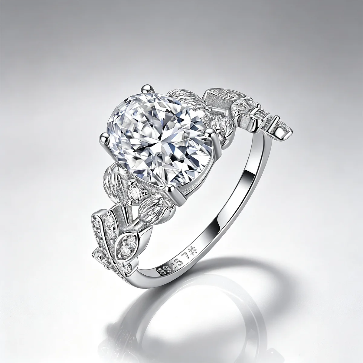 R55133 S925 Silver 18K White Gold Oval Moissanite Flower Proposal Ring 3.3ct