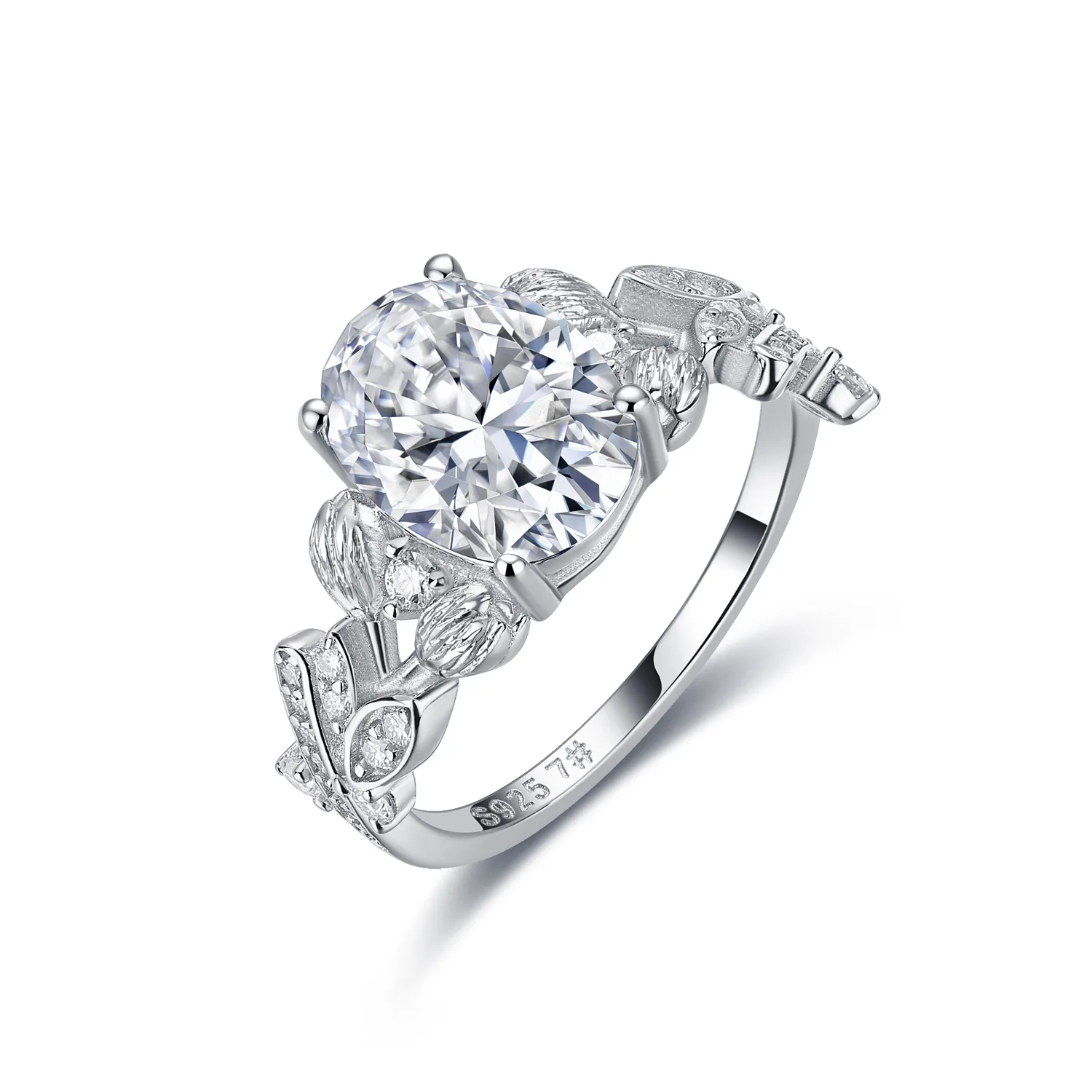 R55133 S925 Silver 18K White Gold Oval Moissanite Flower Proposal Ring 3.3ct
