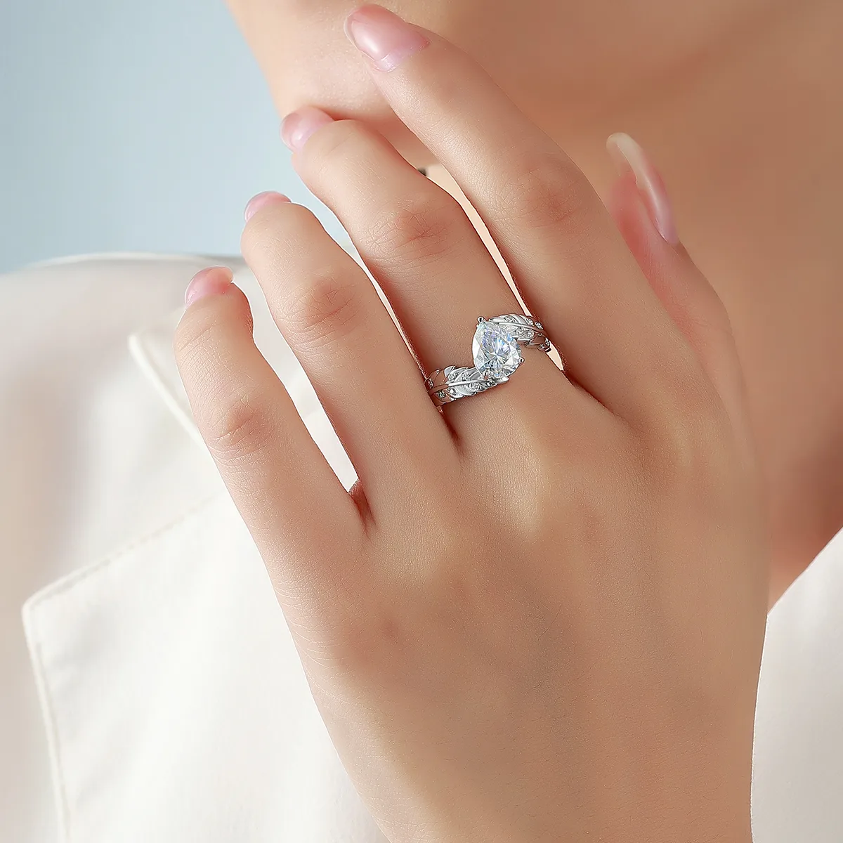 R55142-BMC S925 Silver 18K White Gold Teardrop Moissanite Angel Engagement Ring Center Stone 9*7mm