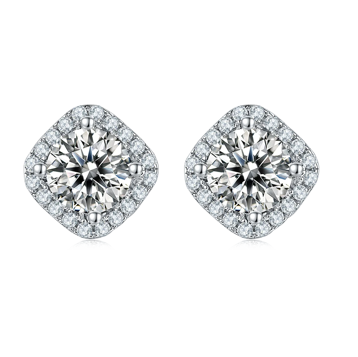 Deluxe Square Bezel S925 White-Gold-Plated Silver Lab-Grown Diamond Stud Earrings 1-3ct