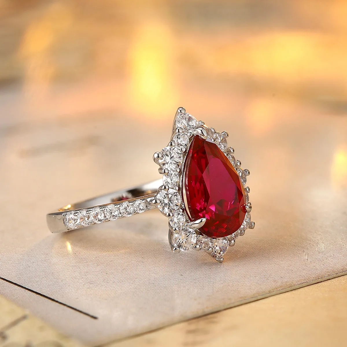 R1522 S925 Silver 18K White Gold Pear Lab-Grown Gemstone Engagement Ring 2.97ct