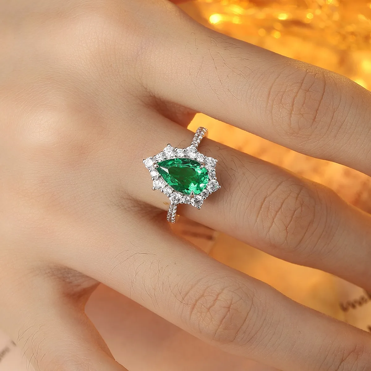 R1522 S925 Silver 18K White Gold Pear Lab-Grown Gemstone Engagement Ring 2.97ct