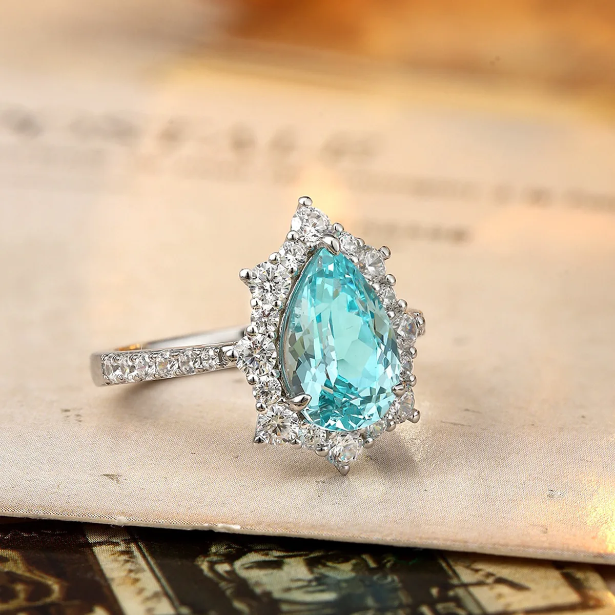 R1522 S925 Silver 18K White Gold Pear Lab-Grown Gemstone Engagement Ring 2.97ct