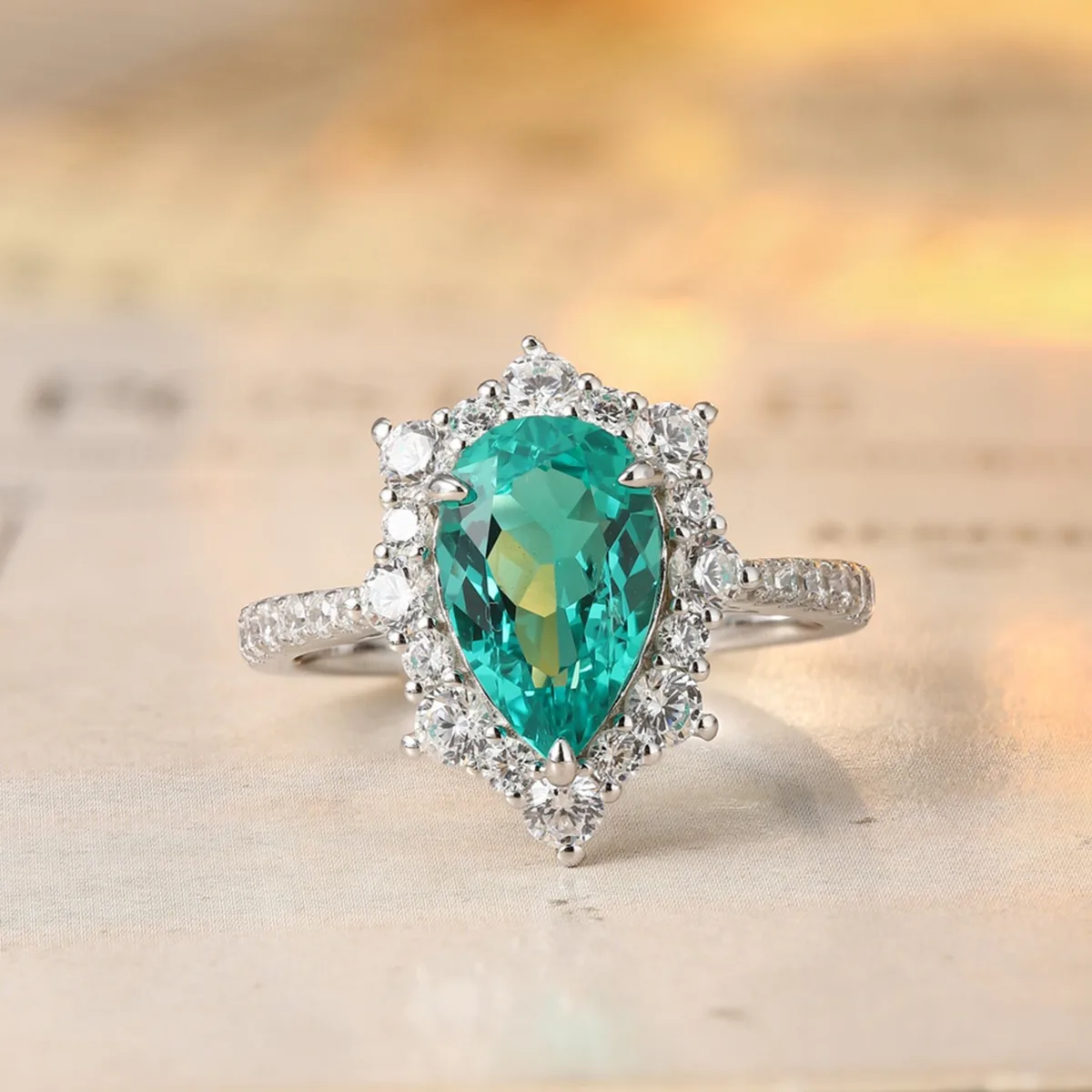 R1522 S925 Silver 18K White Gold Pear Lab-Grown Gemstone Engagement Ring 2.97ct