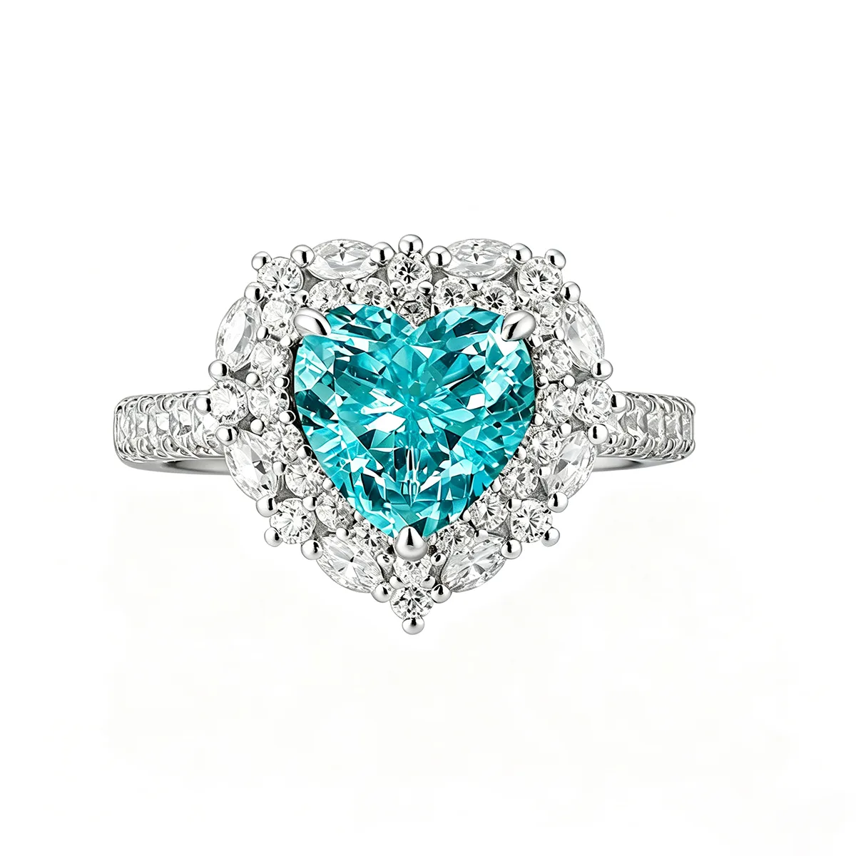 R1526 S925 Silver 18K White Gold Heart Lab-Grown Gemstone Engagement Ring 2.65ct