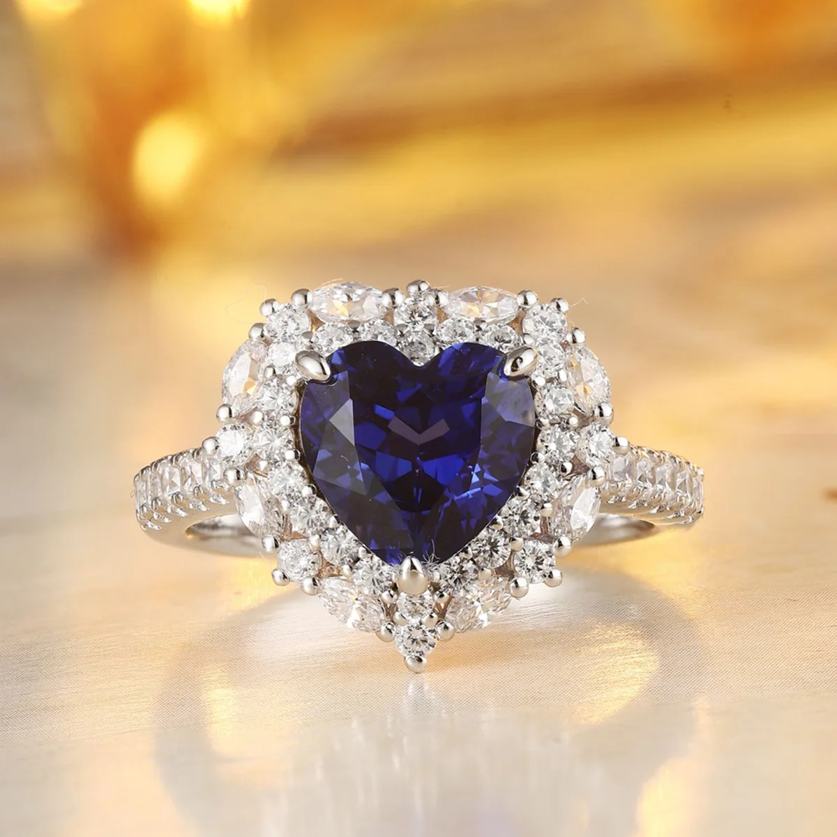 R1526 S925 Silver 18K White Gold Heart Lab-Grown Gemstone Engagement Ring 2.65ct