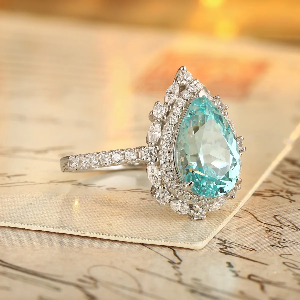 R100407 S925 Silver 18K White Gold Pear Lab-Grown Gemstone Luxury Wedding Band 3.78ct