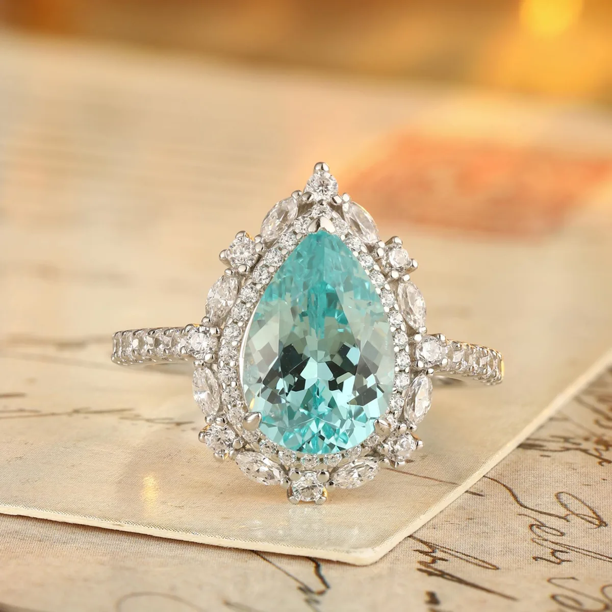 R100407 S925 Silver 18K White Gold Pear Lab-Grown Gemstone Luxury Wedding Band 3.78ct