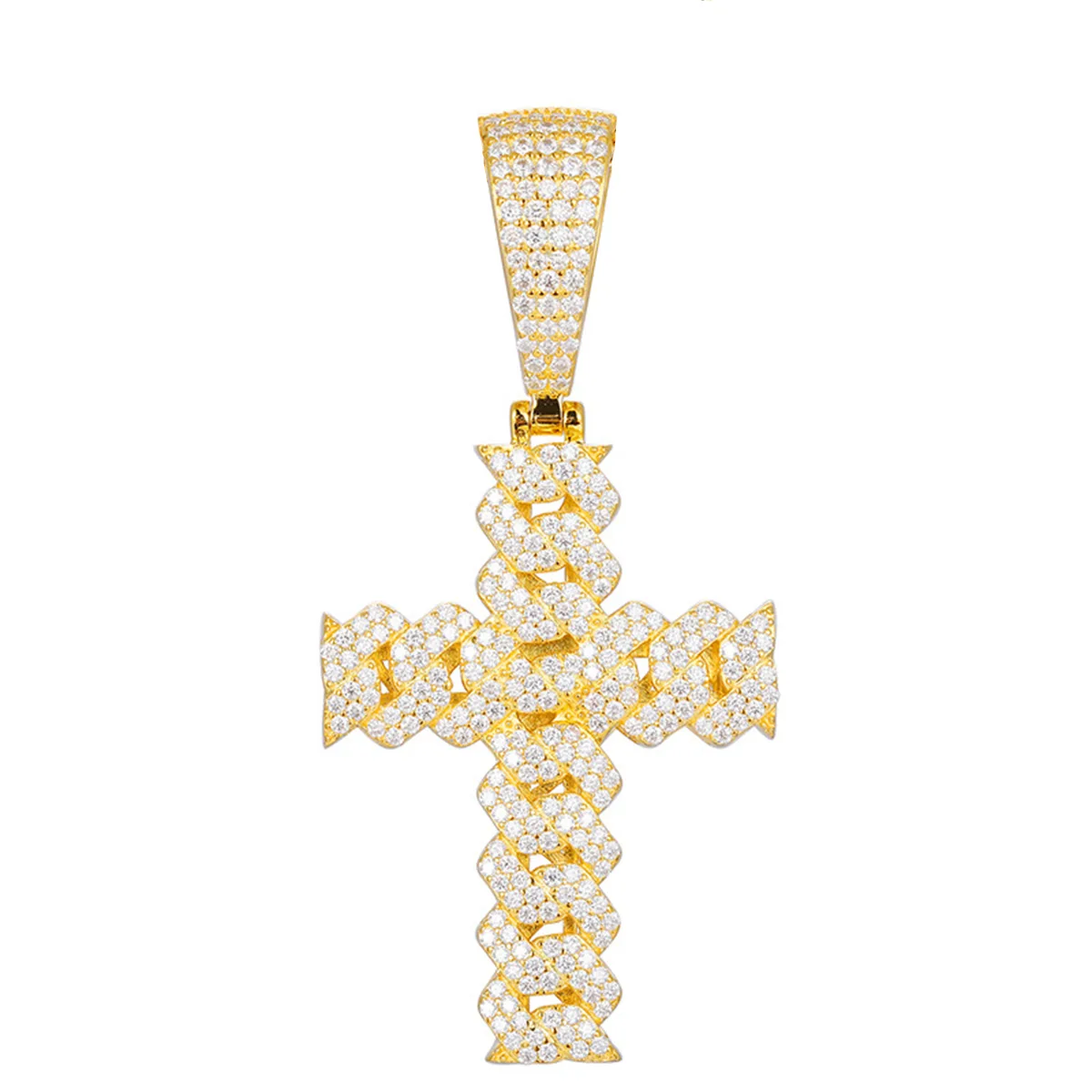 TQP0259 S925 Silver 18K Gold Full Pavé Moissanite Hip-Hop Cross Pendant （ Without Chain ） 1.94ct