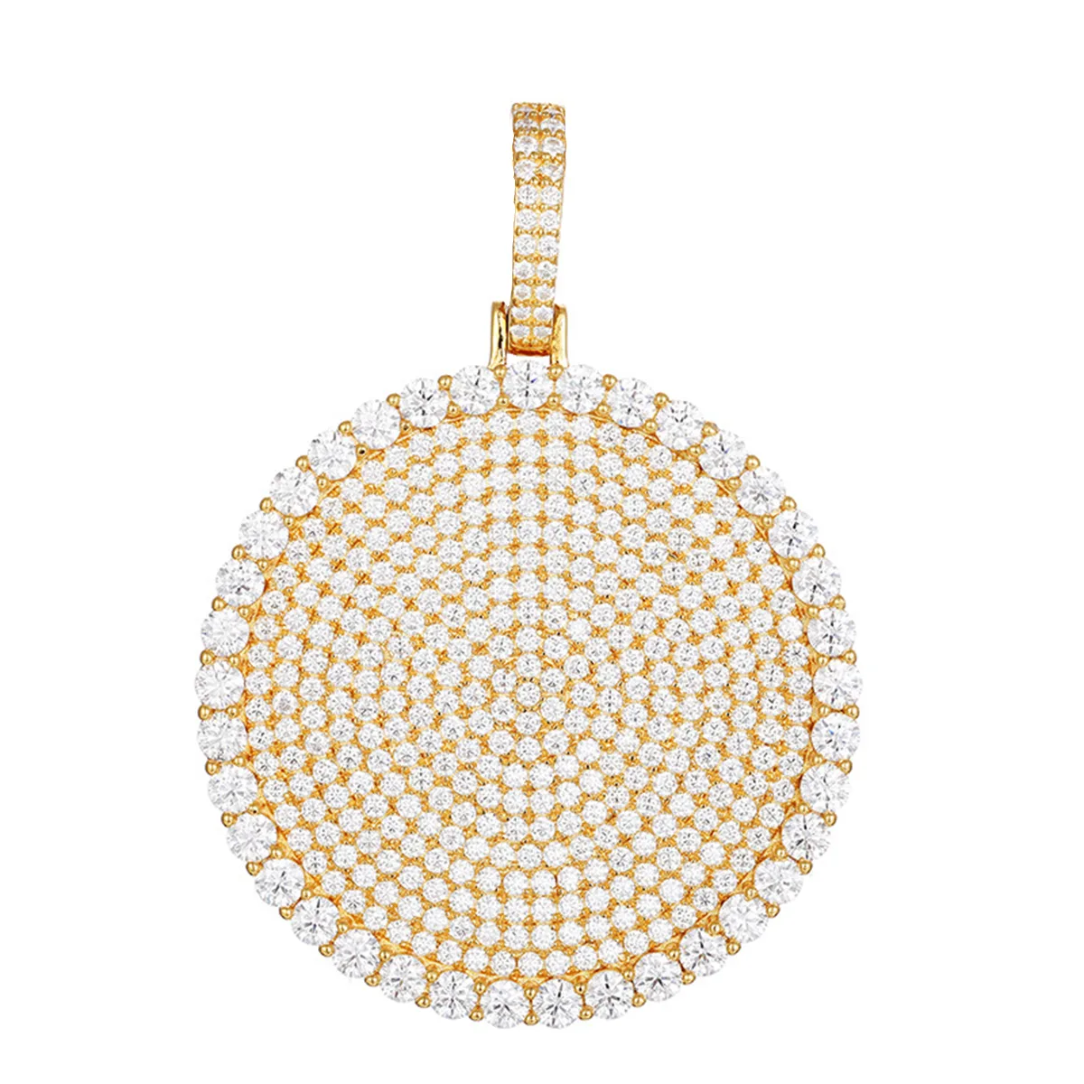 TQP0159 S925 Silver 18K Gold Full Pavé Moissanite Hip-Hop Round Pendant (Without Chain) 4.3ct