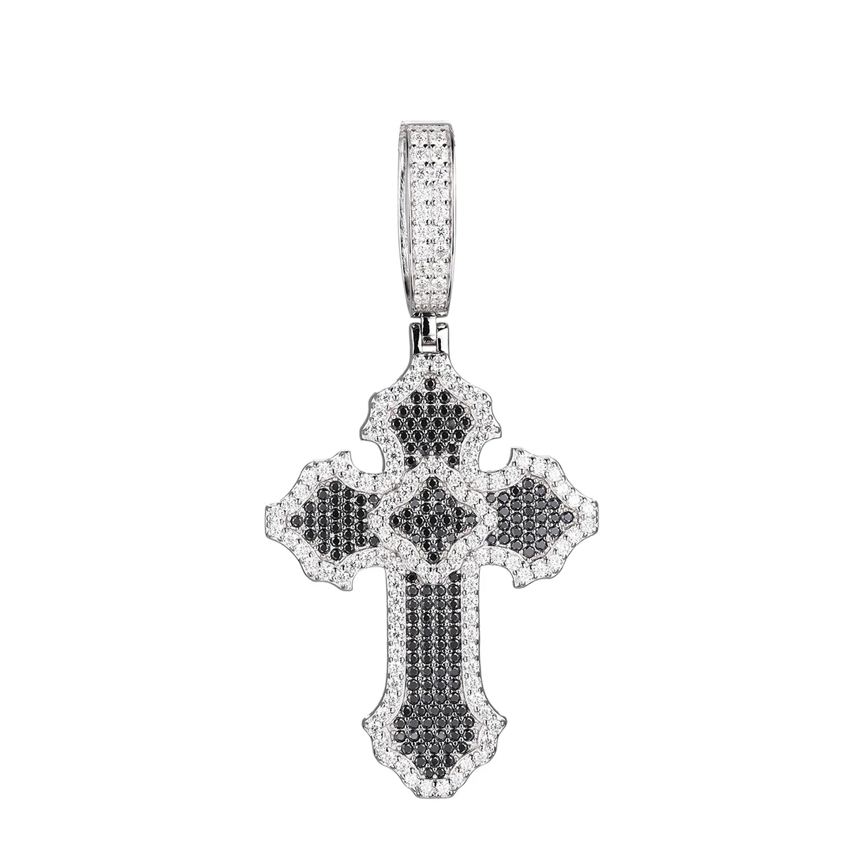 TQP0697 S925 Silver 18K White Gold Full Pavé Moissanite Hip-Hop Black White Cross Pendant (Without Chain) 3.27ct