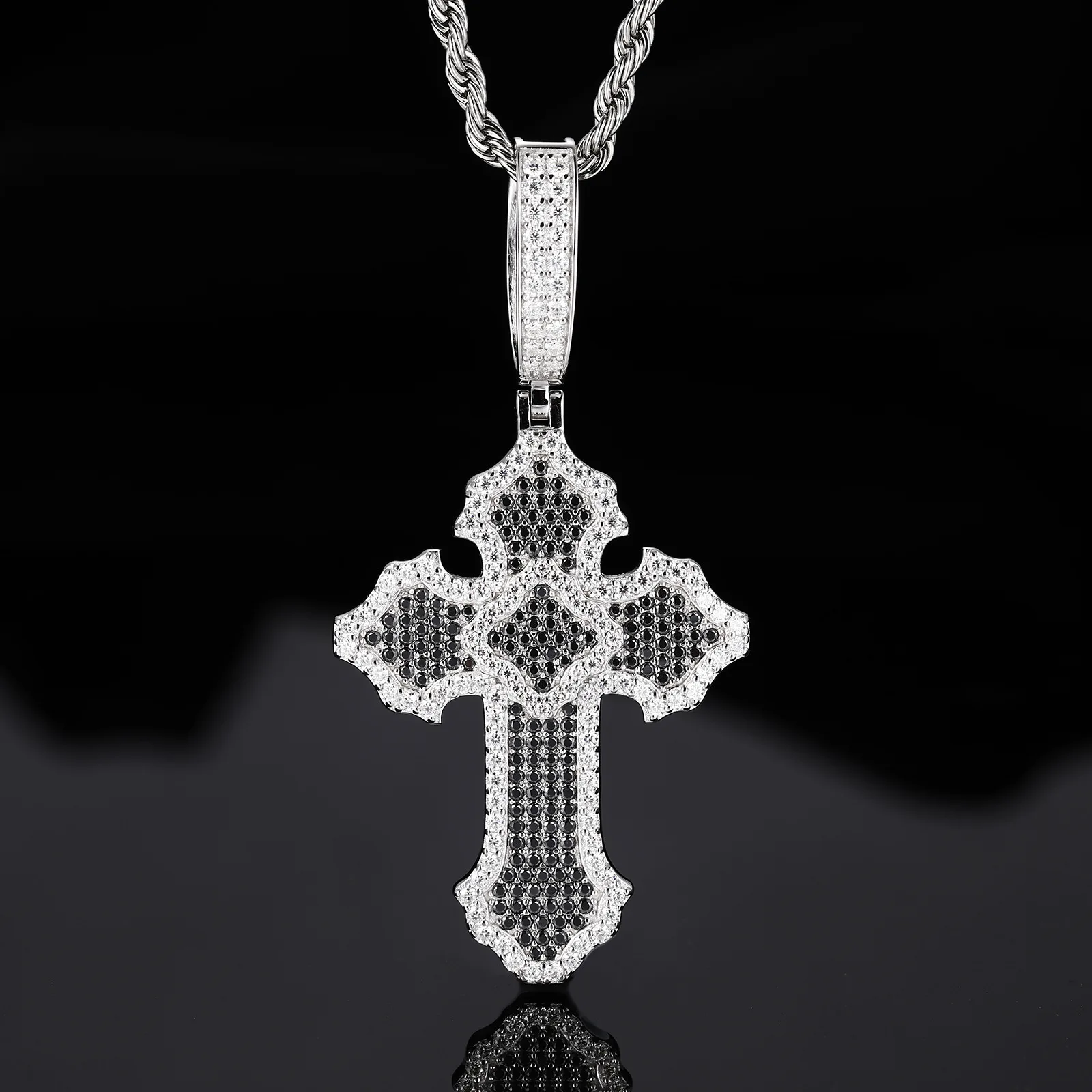 TQP0697 S925 Silver 18K White Gold Full Pavé Moissanite Hip-Hop Black White Cross Pendant (Without Chain) 3.27ct
