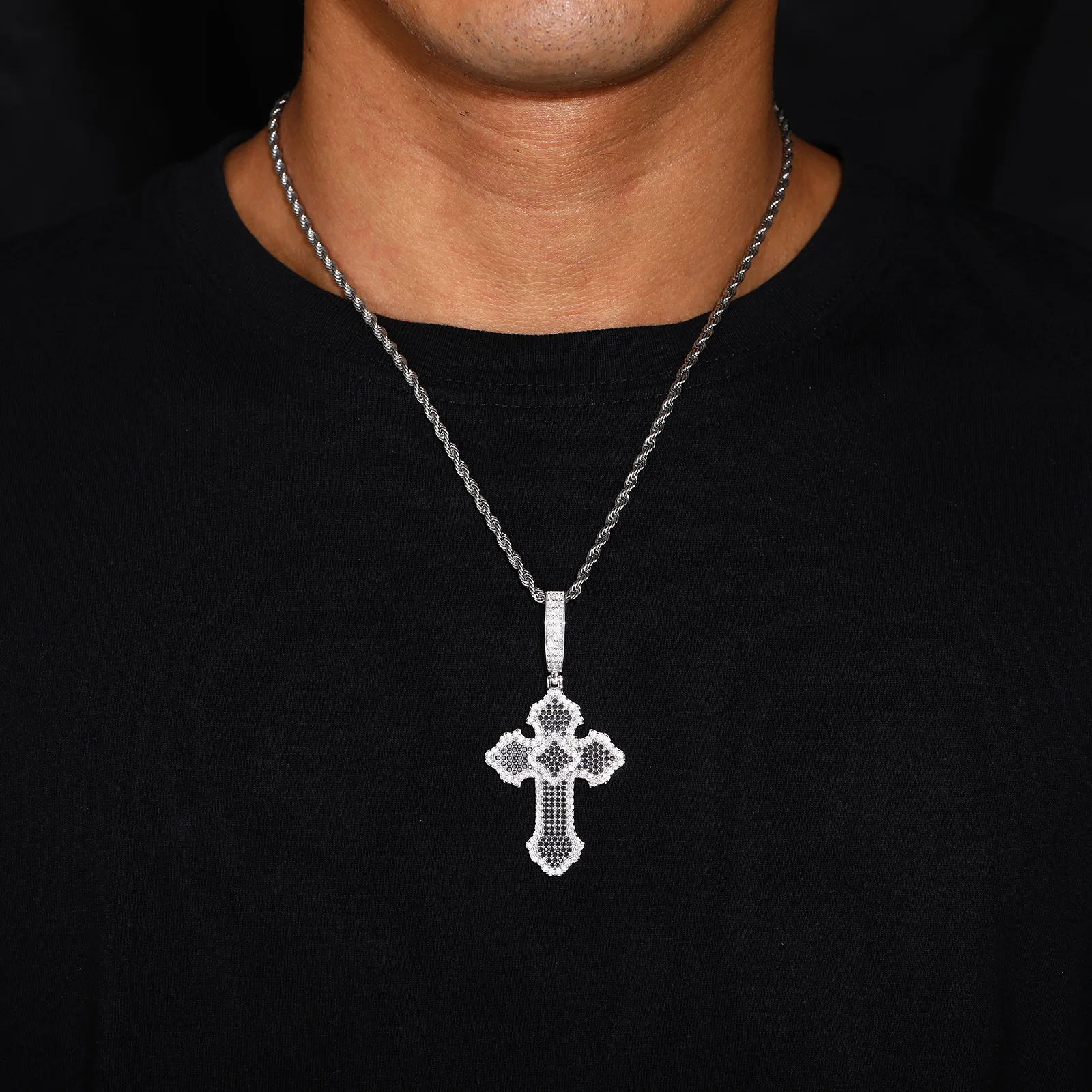 TQP0697 S925 Silver 18K White Gold Full Pavé Moissanite Hip-Hop Black White Cross Pendant (Without Chain) 3.27ct