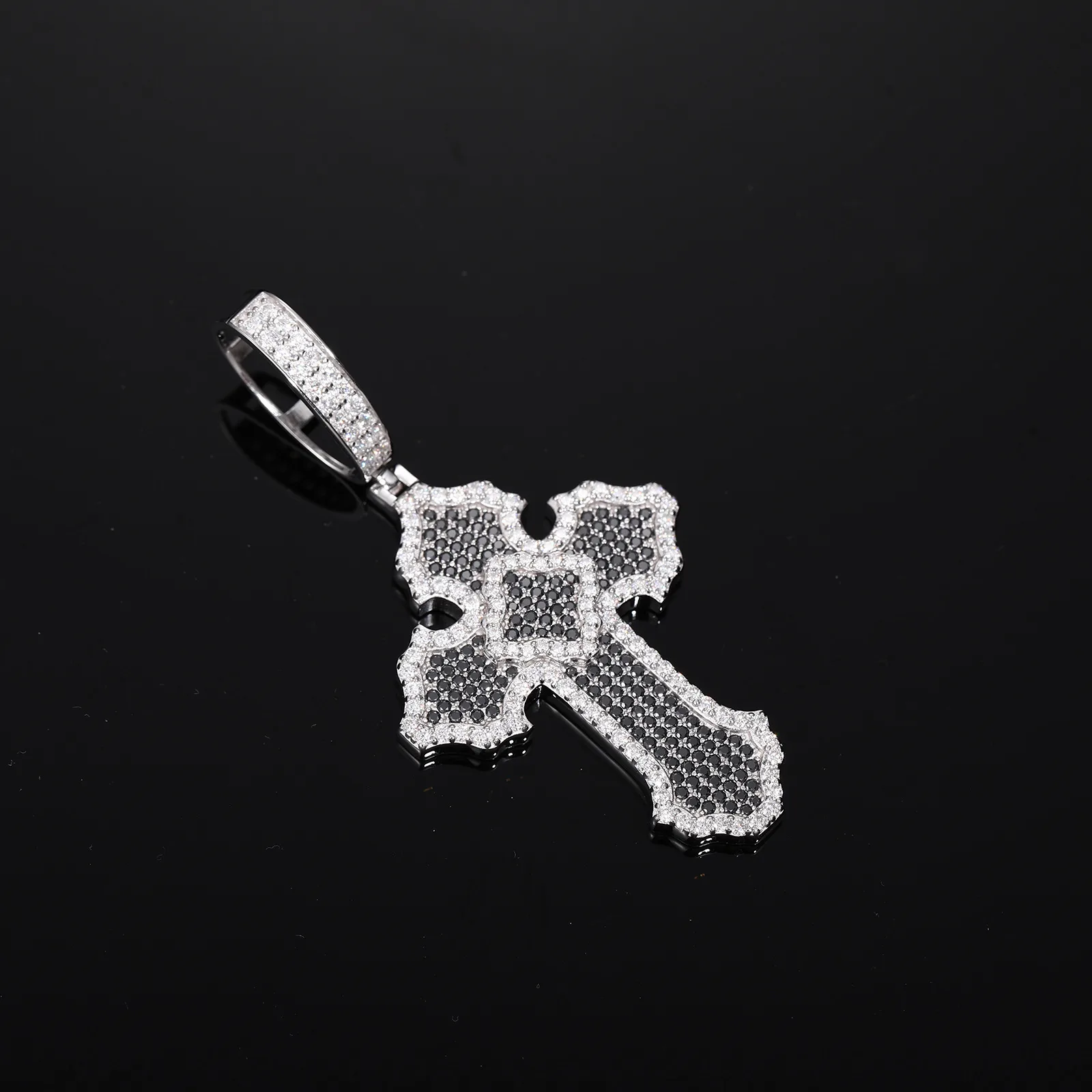 TQP0697 S925 Silver 18K White Gold Full Pavé Moissanite Hip-Hop Black White Cross Pendant (Without Chain) 3.27ct