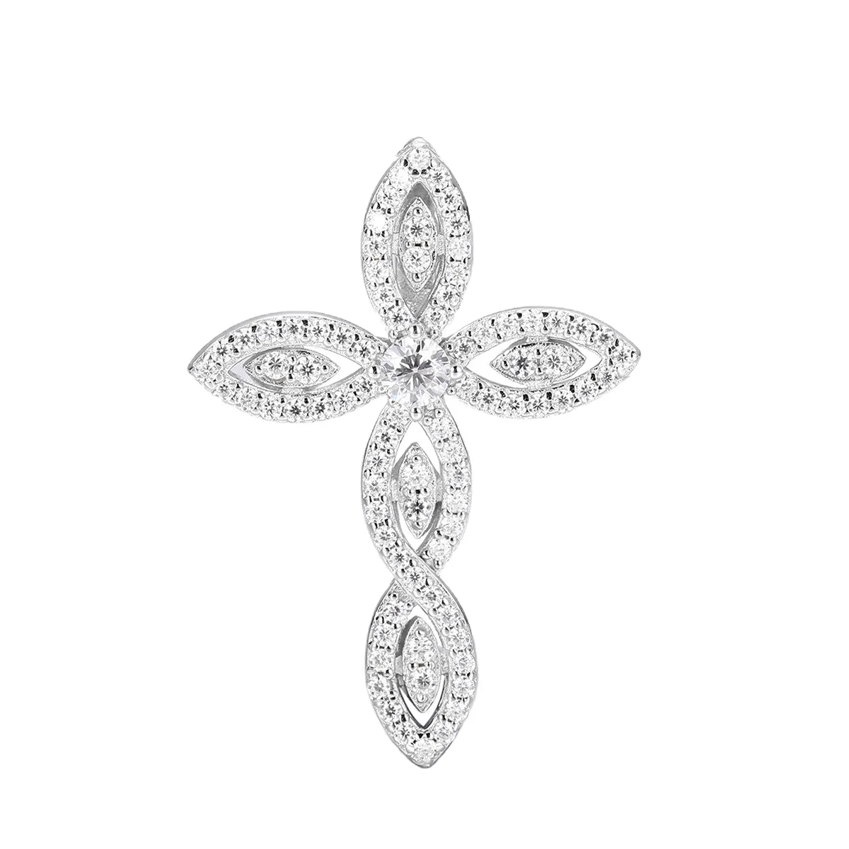 TQP0706 S925 Silver 18K White Gold Full Pavé Moissanite Hip-Hop Cross Pendant (Without Chain) 0.58ct