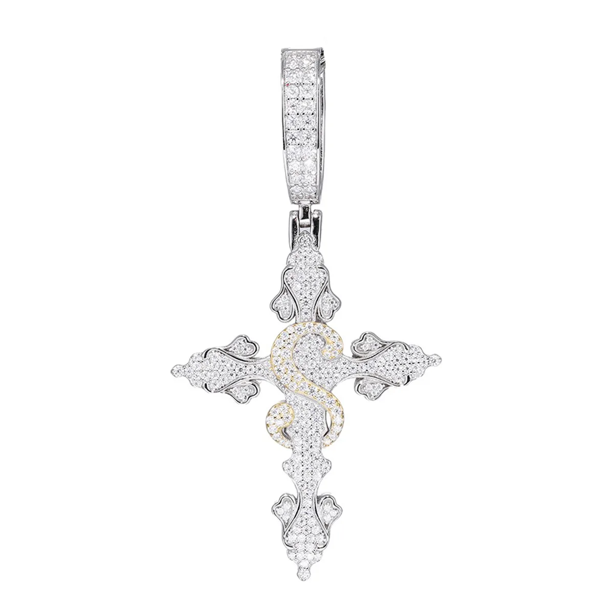 TQP0615 S925 Silver 18K Full Pavé Moissanite Hip-Hop Cross Pendant (Without Chain) 1.47ct
