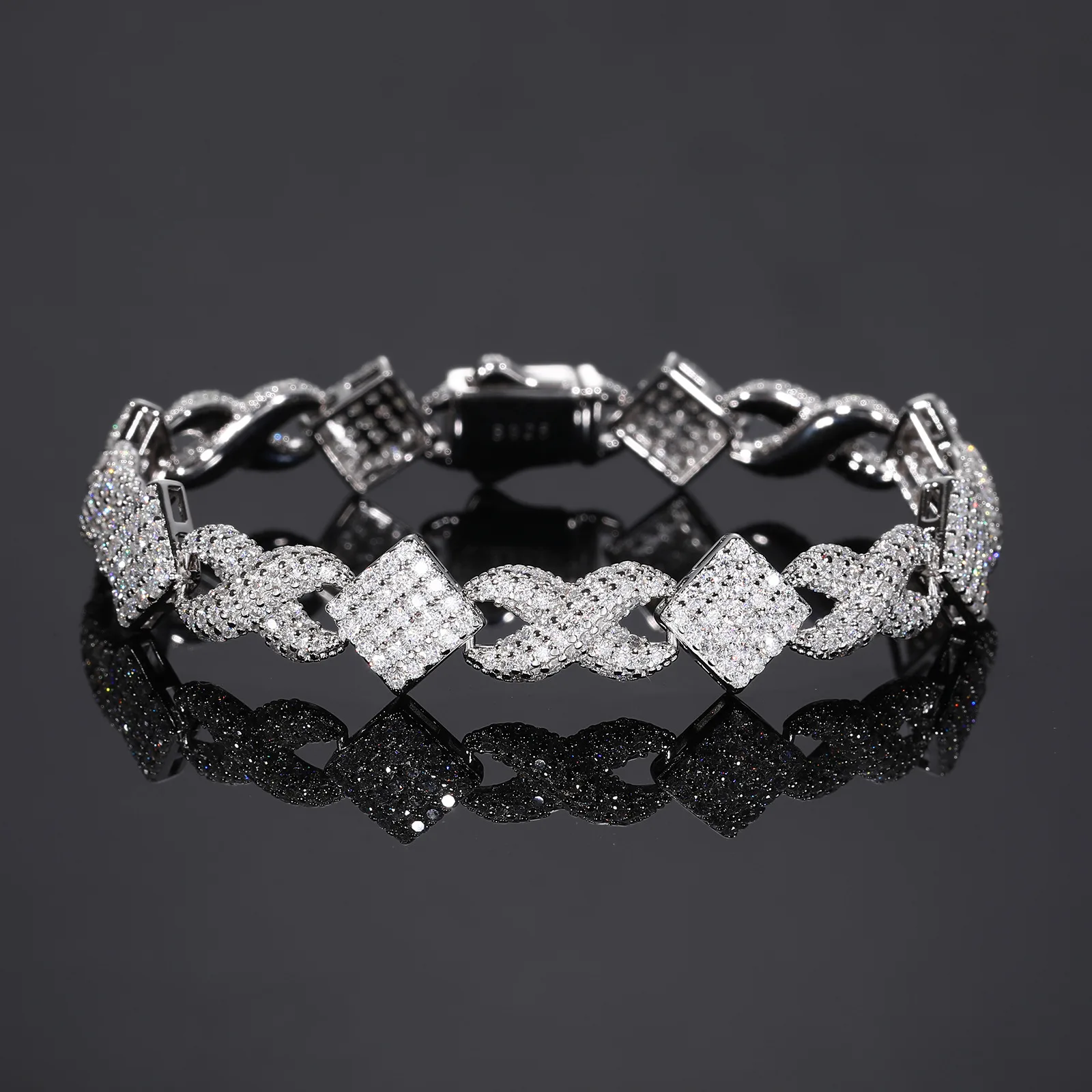 TQB0189 S925 Silver 18K White Gold Full Pavé Moissanite Hip-Hop Bracelet 6.6ct