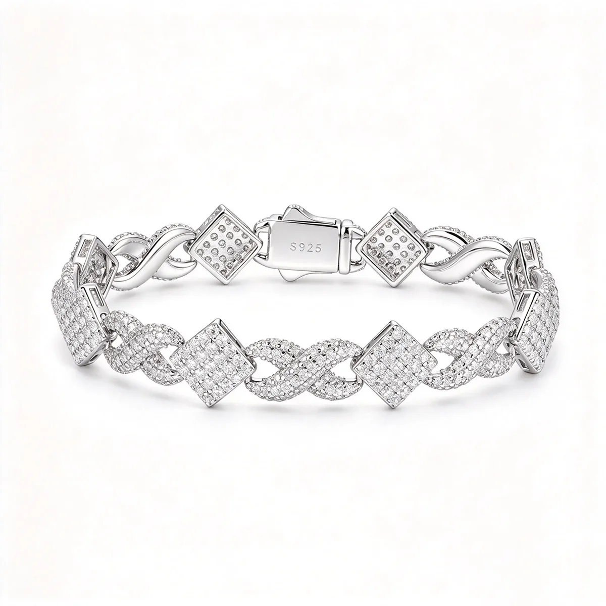 TQB0189 S925 Silver 18K White Gold Full Pavé Moissanite Hip-Hop Bracelet 6.6ct