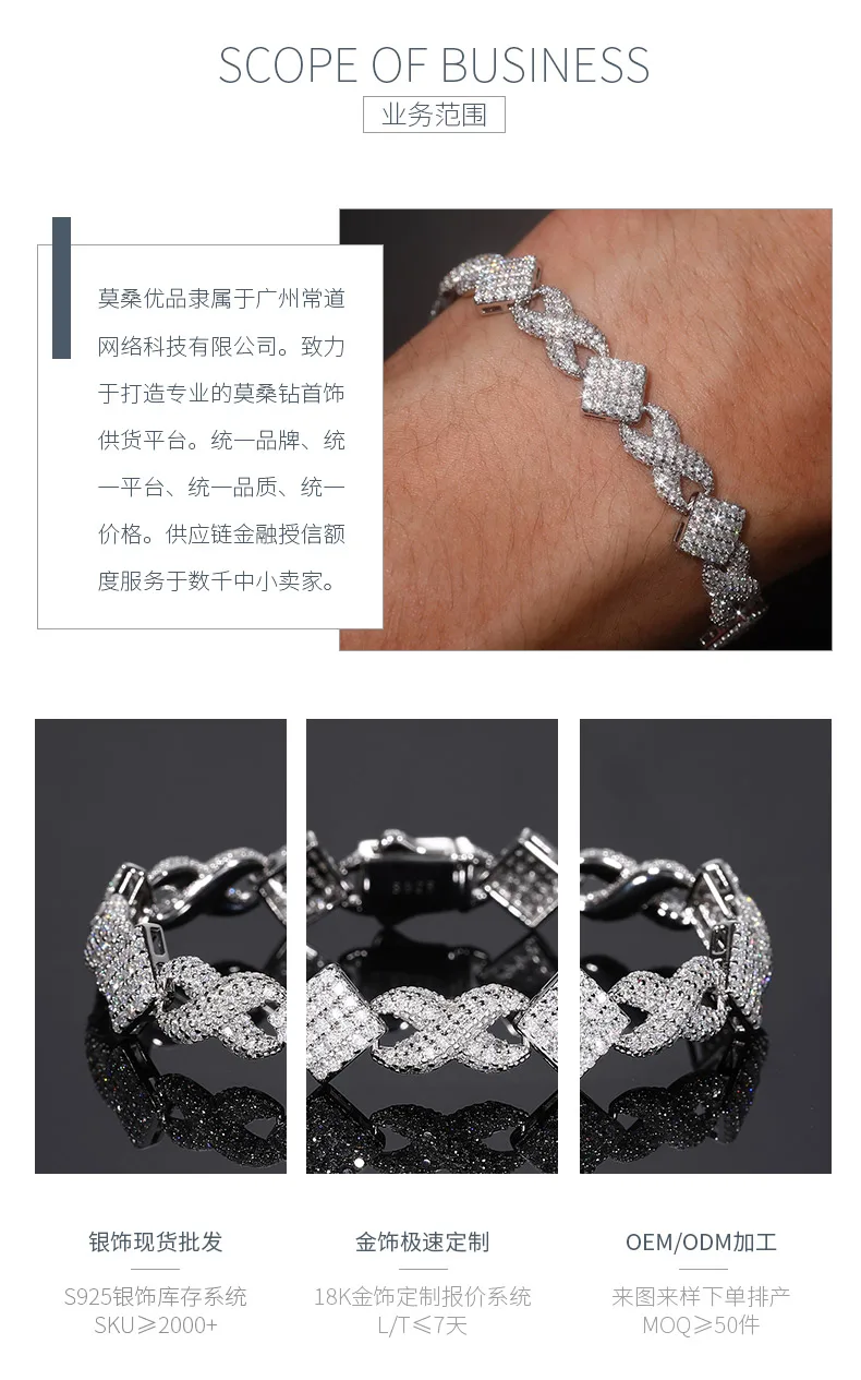 TQB0189 S925 Silver 18K White Gold Full Pavé Moissanite Hip-Hop Bracelet 6.6ct d