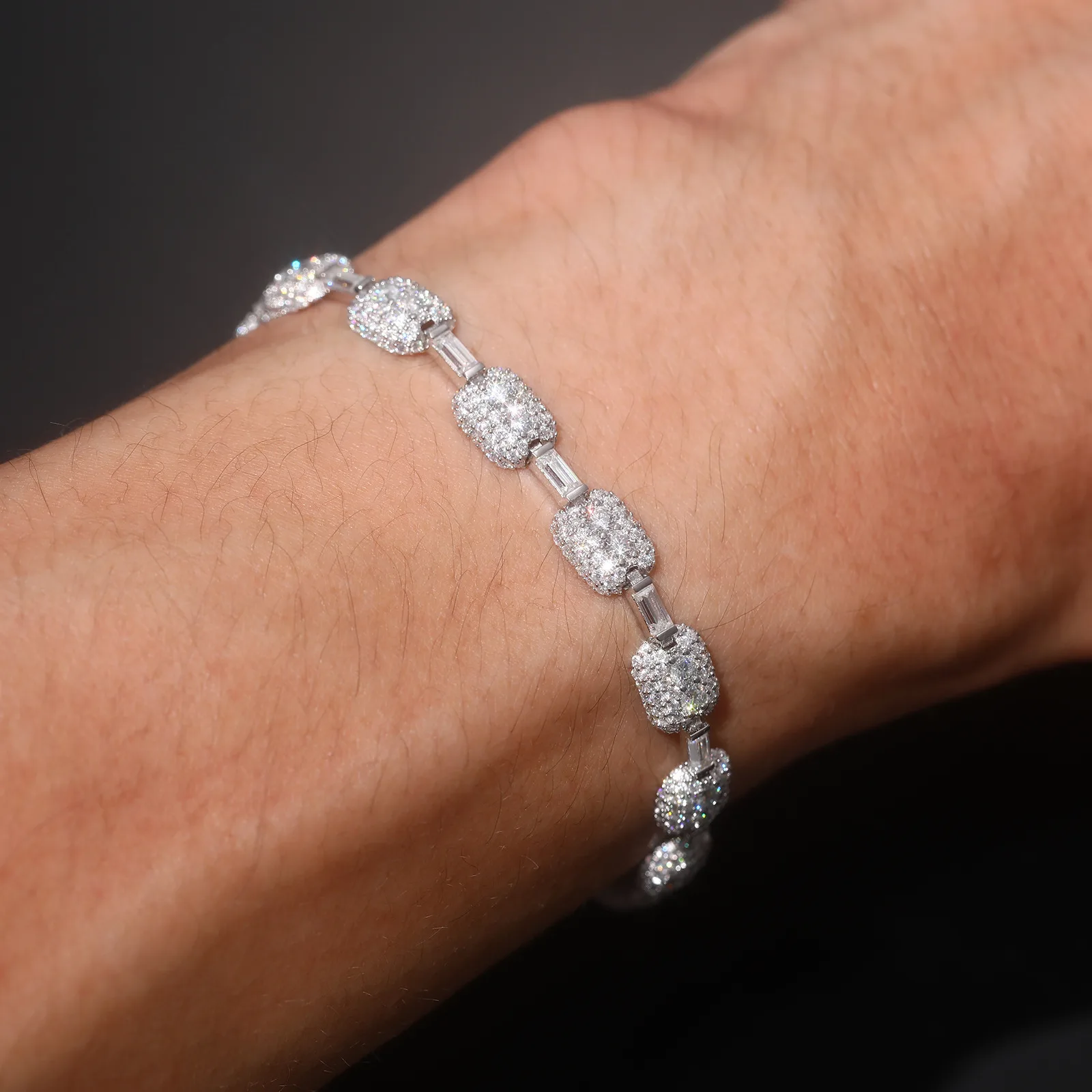 TQB0143 S925 Silver 18K White Gold Full Pavé Moissanite Rectangle Hip-Hop Bracelet 5.76ct