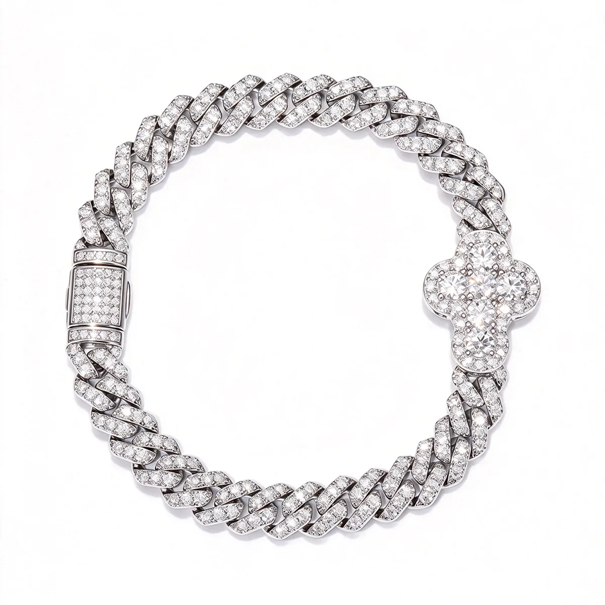TQB0183 S925 Silver 18K White Gold Full Pavé Moissanite Cross Hip-Hop Cuban Bracelet 8.4ct