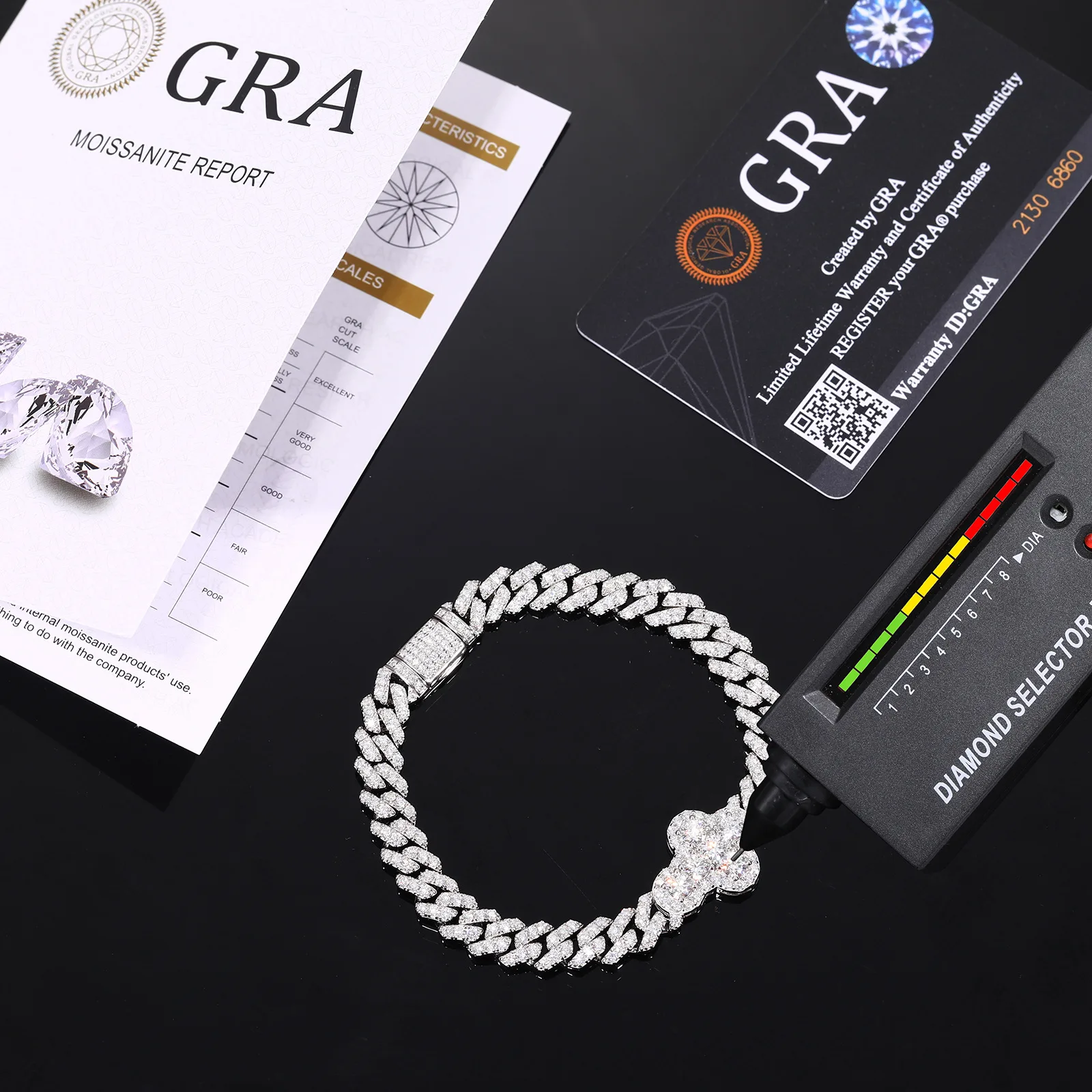 TQB0183 S925 Silver 18K White Gold Full Pavé Moissanite Cross Hip-Hop Cuban Bracelet 8.4ct