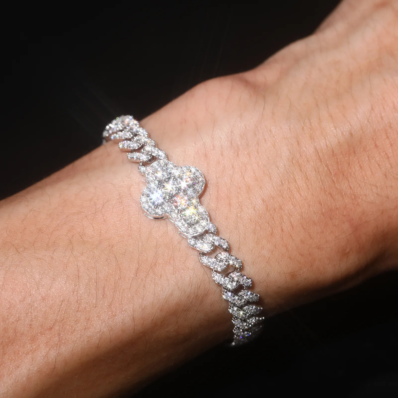 TQB0183 S925 Silver 18K White Gold Full Pavé Moissanite Cross Hip-Hop Cuban Bracelet 8.4ct