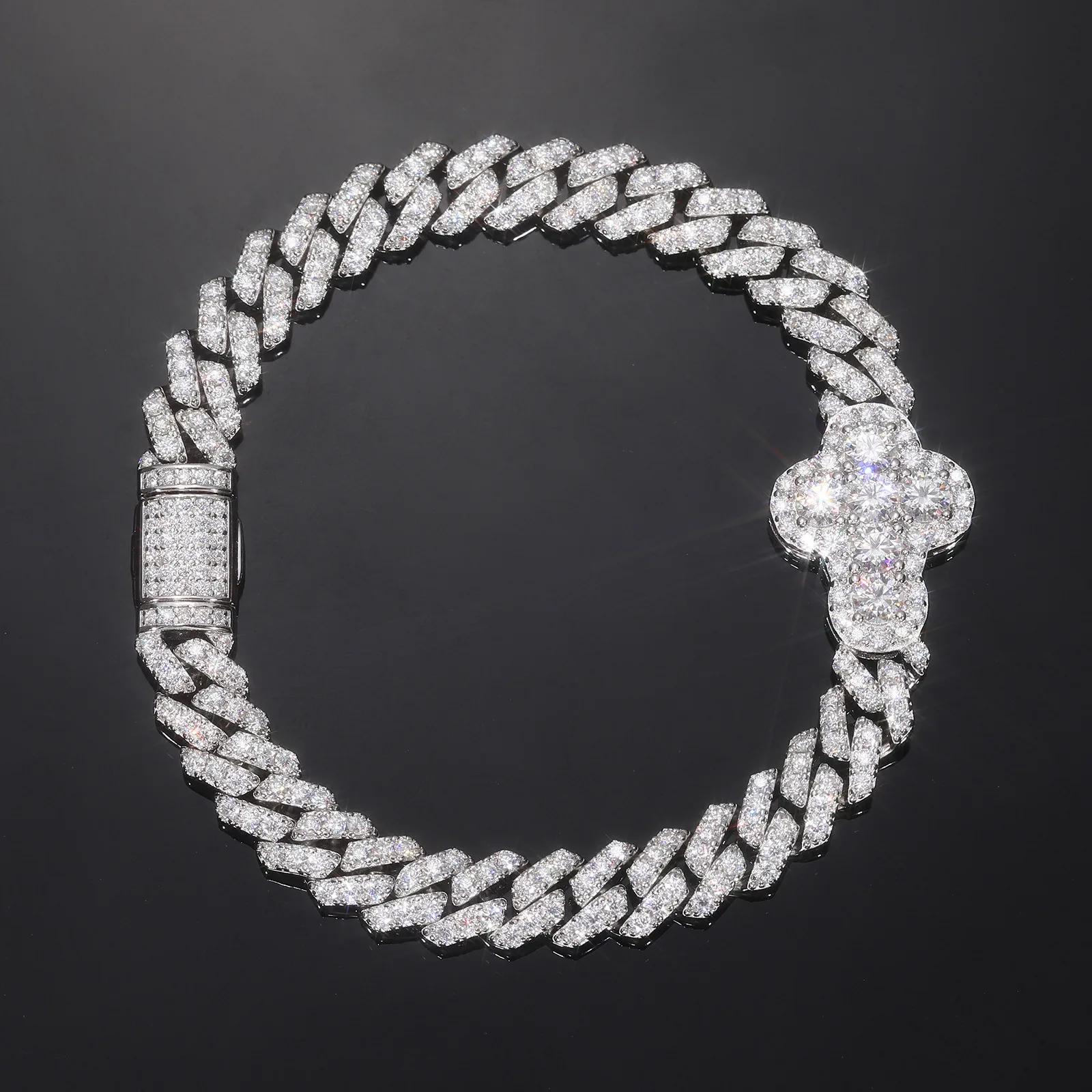 TQB0183 S925 Silver 18K White Gold Full Pavé Moissanite Cross Hip-Hop Cuban Bracelet 8.4ct