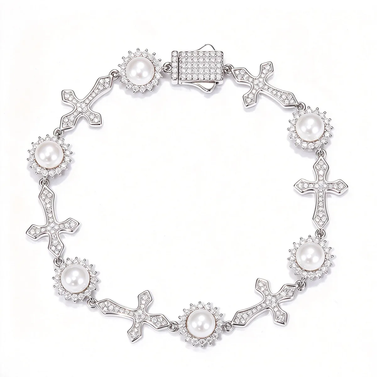 TQB0147 S925 Silver 18K White Gold Full Pavé Moissanite Pearl Cross Hip-Hop Bracelet 2.43ct