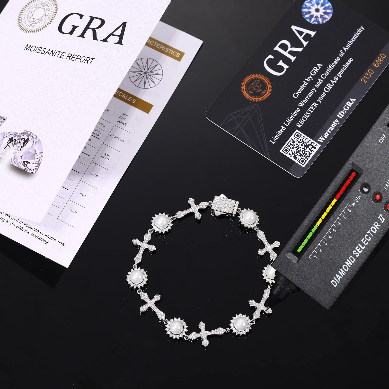 TQB0147 S925 Silver 18K White Gold Full Pavé Moissanite Pearl Cross Hip-Hop Bracelet 2.43ct