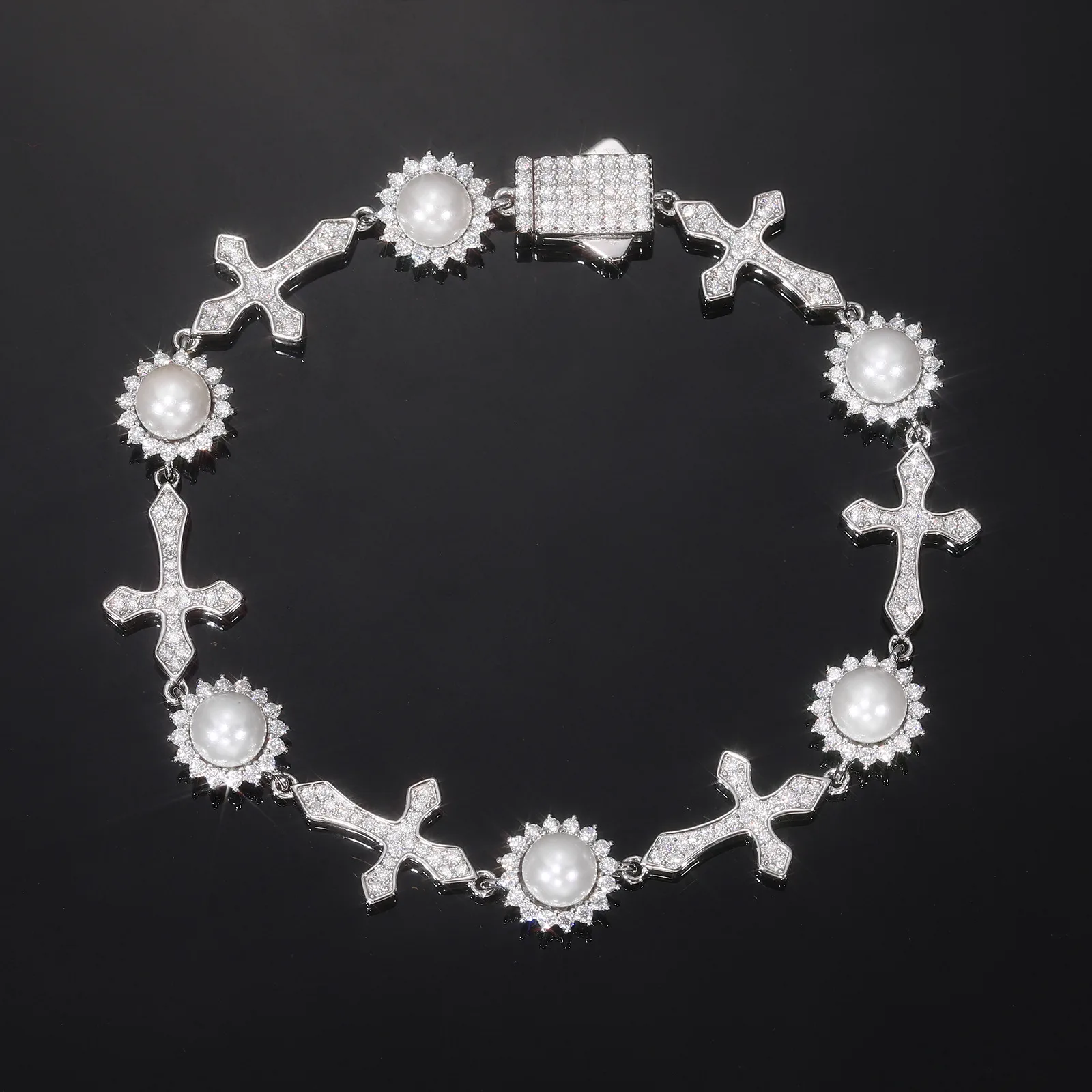 TQB0147 S925 Silver 18K White Gold Full Pavé Moissanite Pearl Cross Hip-Hop Bracelet 2.43ct