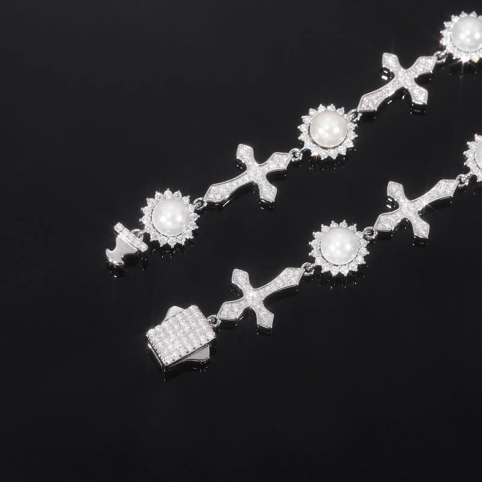 TQB0147 S925 Silver 18K White Gold Full Pavé Moissanite Pearl Cross Hip-Hop Bracelet 2.43ct
