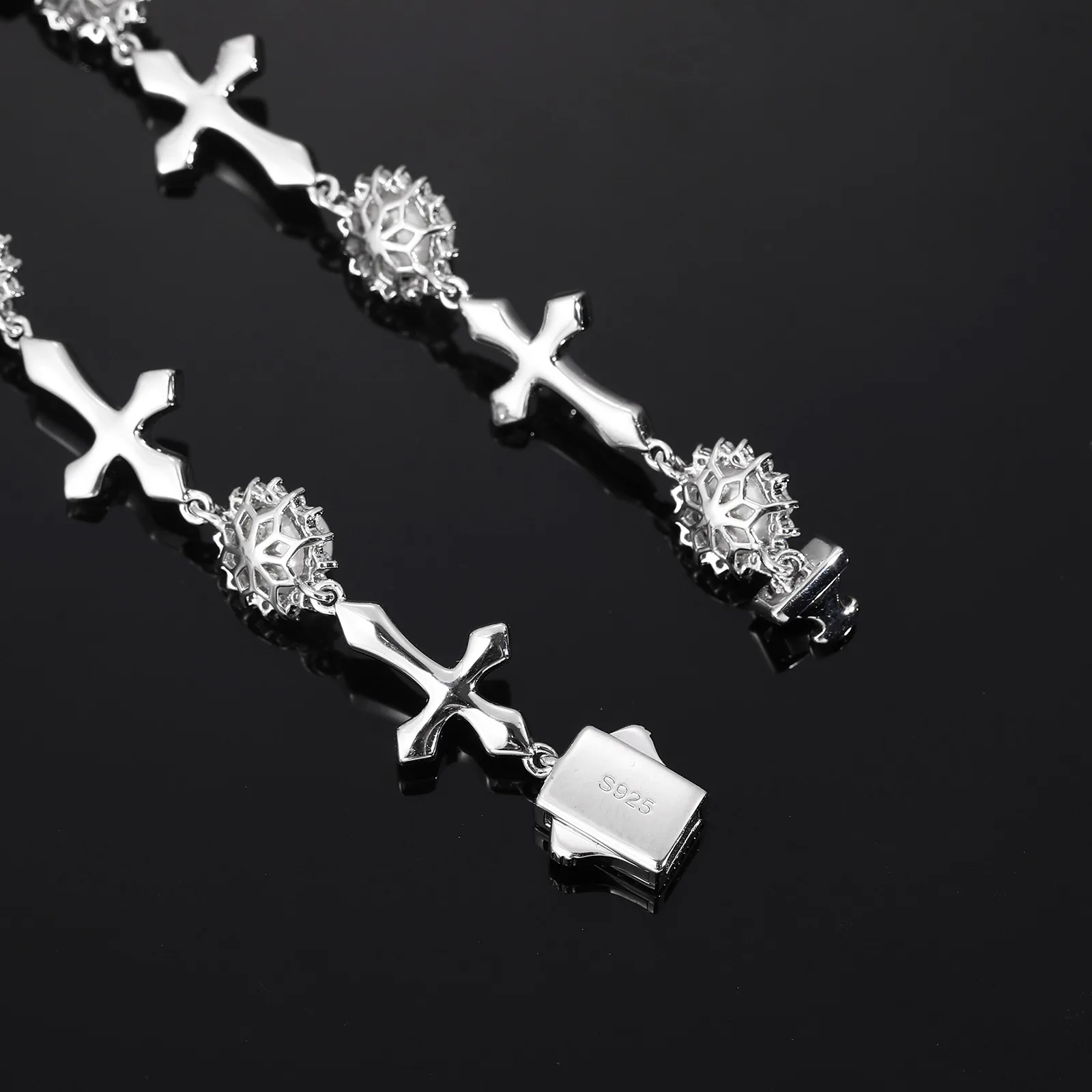 TQB0147 S925 Silver 18K White Gold Full Pavé Moissanite Pearl Cross Hip-Hop Bracelet 2.43ct