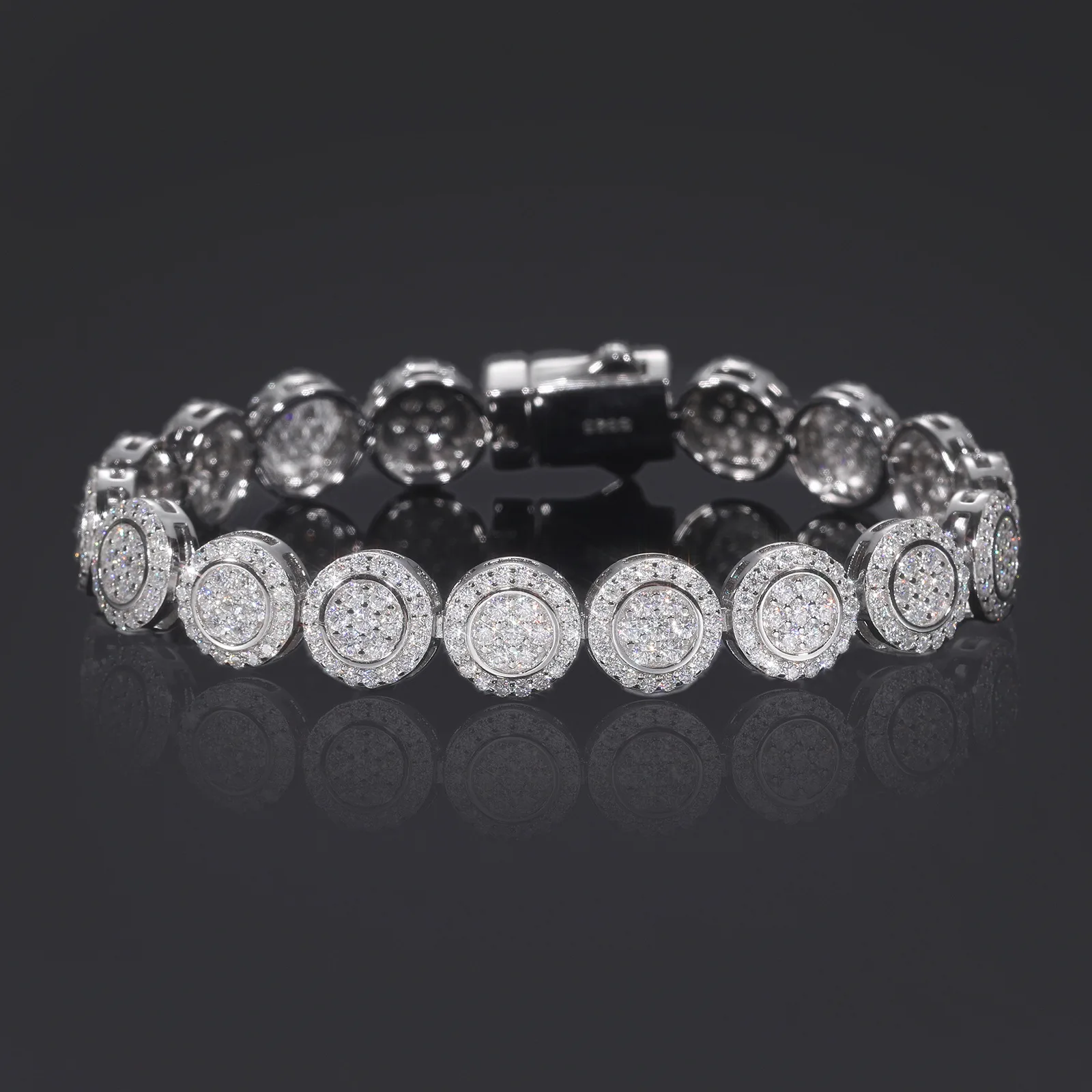 TQB0205 S925 Silver 18K White Gold Full Pavé Moissanite Round Halo Hip-Hop Bracelet 5.5ct