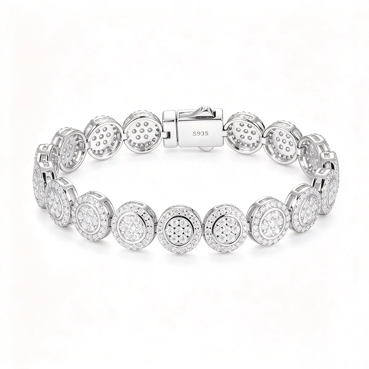 TQB0205 S925 Silver 18K White Gold Full Pavé Moissanite Round Halo Hip-Hop Bracelet 5.5ct
