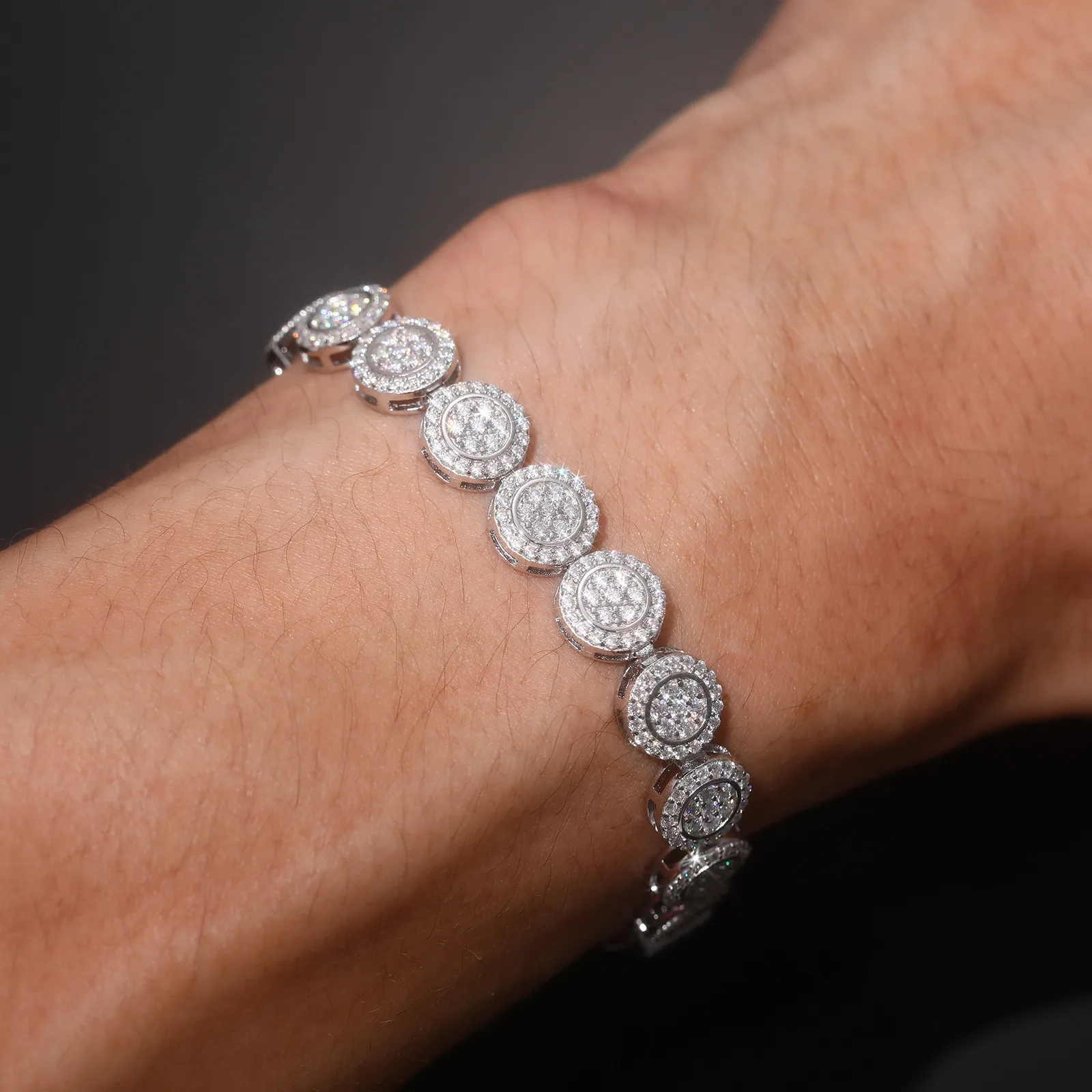 TQB0205 S925 Silver 18K White Gold Full Pavé Moissanite Round Halo Hip-Hop Bracelet 5.5ct