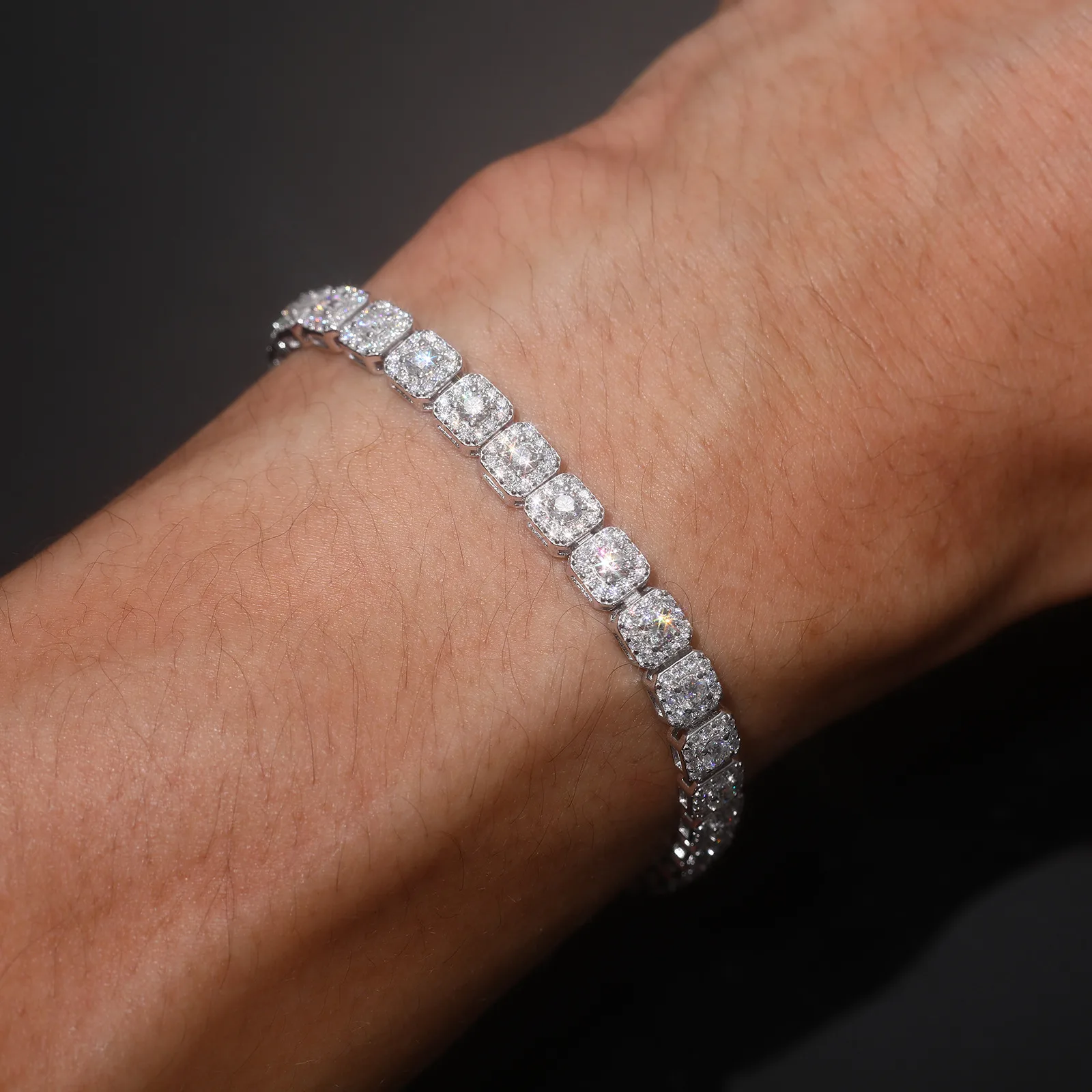 TQB0242-6mm S925 Silver 18K White Gold Moissanite Square Hip-Hop Bracelet 5.7ct