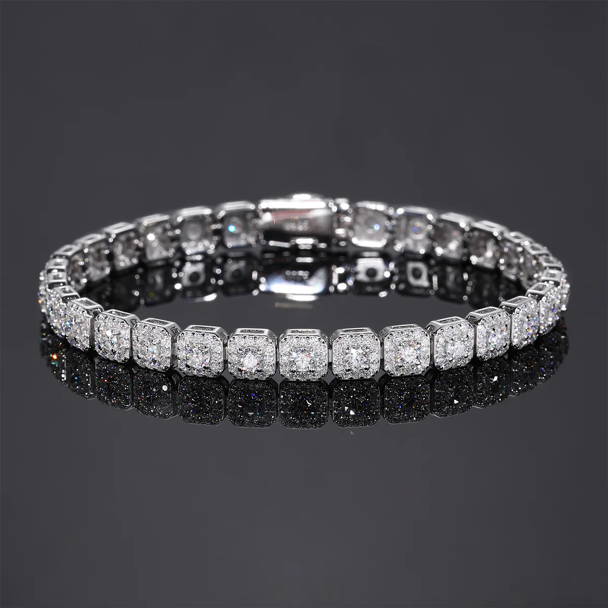TQB0242-6mm S925 Silver 18K White Gold Moissanite Square Hip-Hop Bracelet 5.7ct
