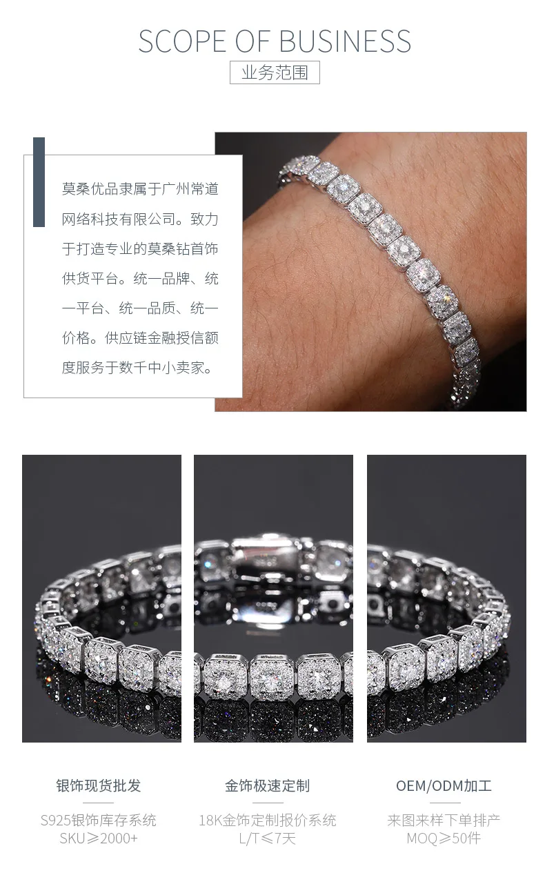 TQB0242-6mm S925 Silver 18K White Gold Moissanite Square Hip-Hop Bracelet 5.7ct 