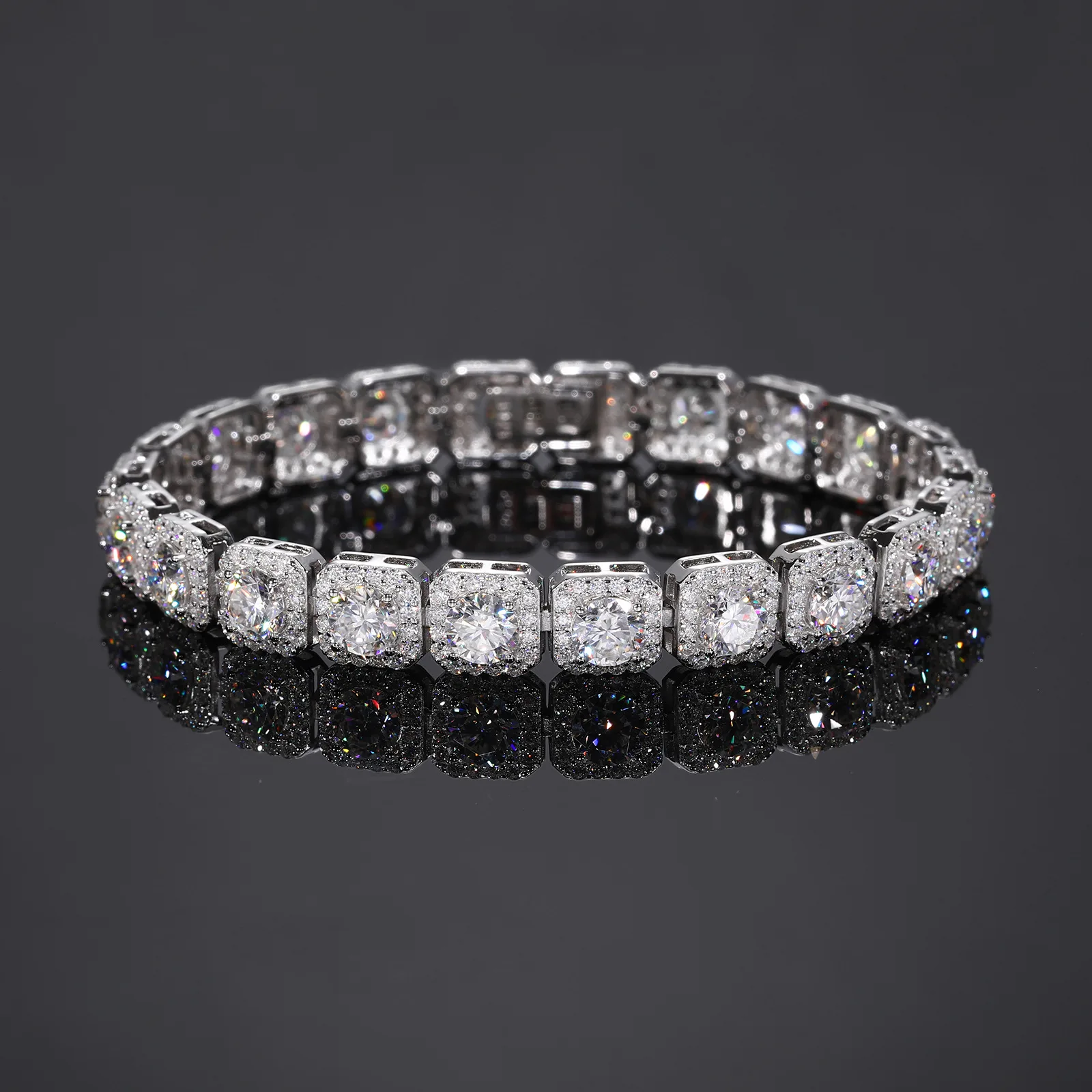 TQB0159-8mm S925 Silver 18K White Gold Moissanite Square Hip-Hop Bracelet 20.4ct