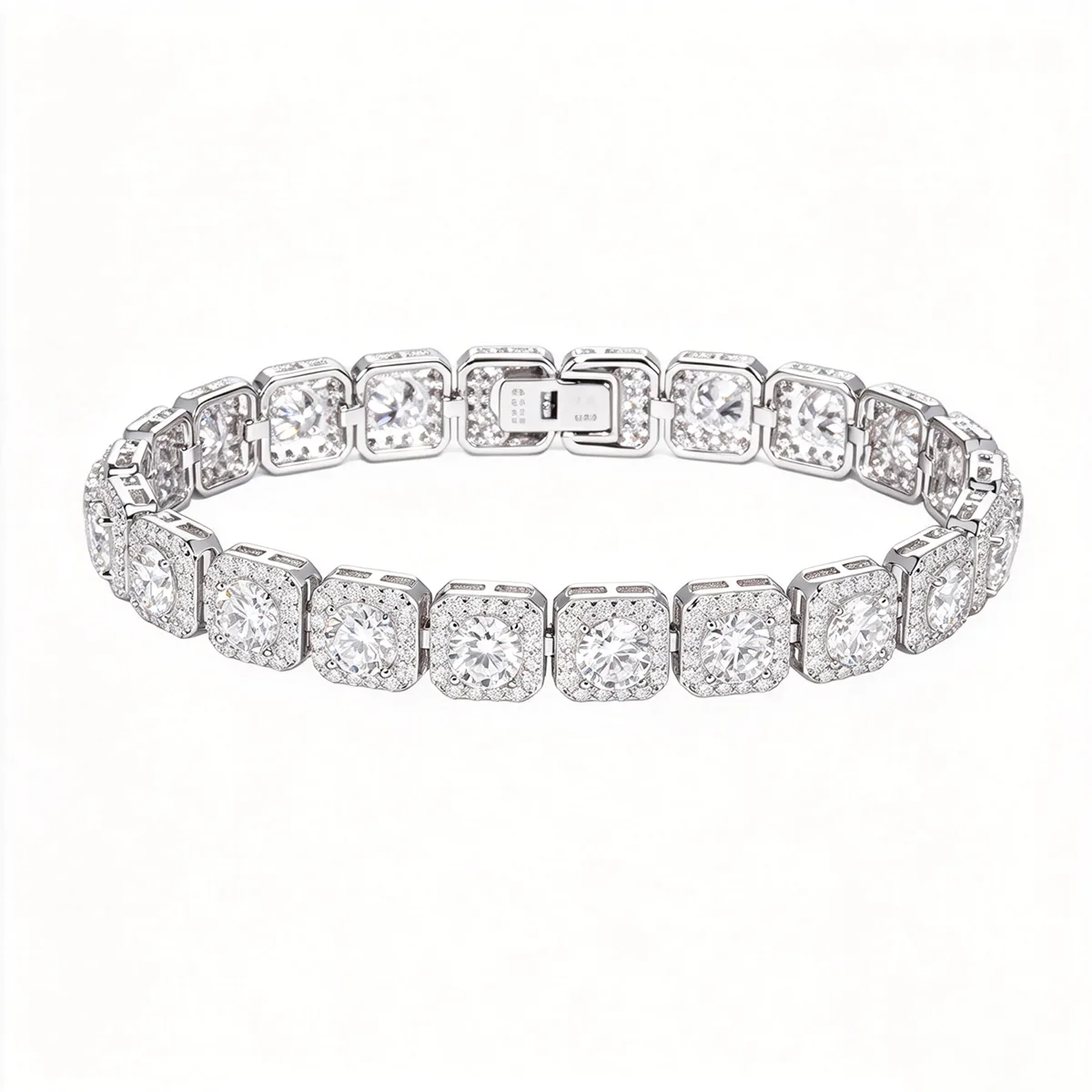 TQB0159-8mm S925 Silver 18K White Gold Moissanite Square Hip-Hop Bracelet 20.4ct