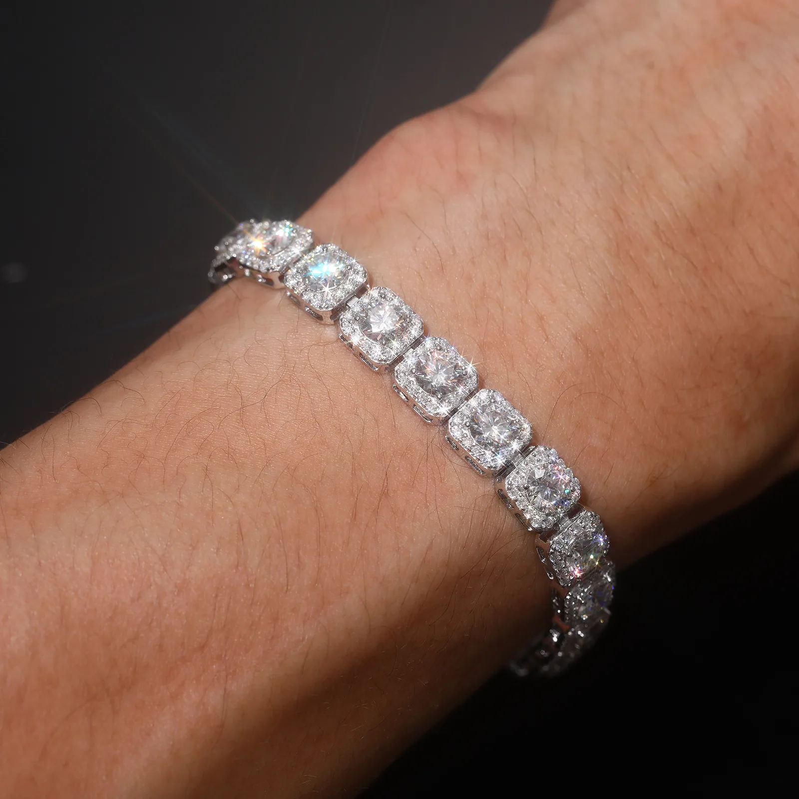 TQB0159-8mm S925 Silver 18K White Gold Moissanite Square Hip-Hop Bracelet 20.4ct
