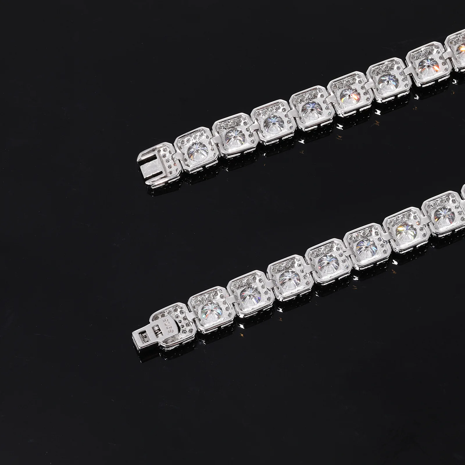 TQB0159-8mm S925 Silver 18K White Gold Moissanite Square Hip-Hop Bracelet 20.4ct