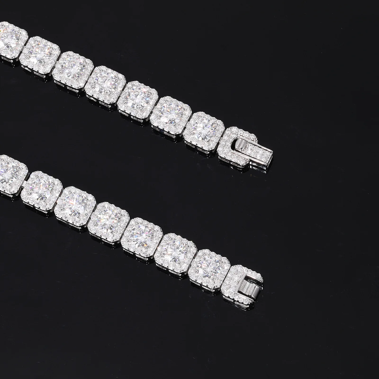 TQB0159-8mm S925 Silver 18K White Gold Moissanite Square Hip-Hop Bracelet 20.4ct